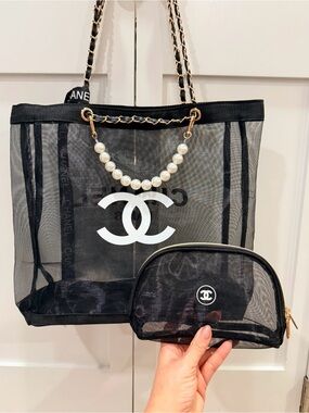 Chanel Beaute Black Mesh Tote with Pearl Chain and Cosmetic Pouch - New